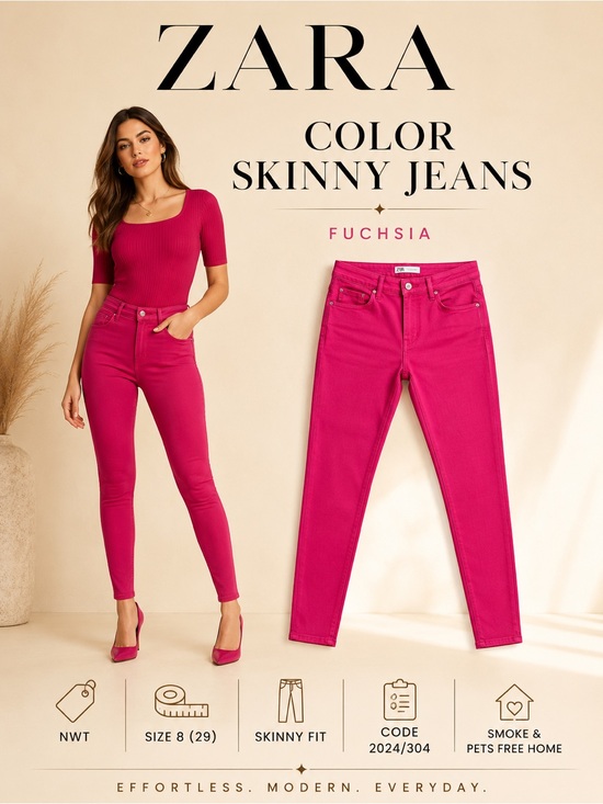 Zara Denim - Zara Fuchsia Color Skinny Jeans Size 8 NWT Pink High Rise Stretch Denim Pants